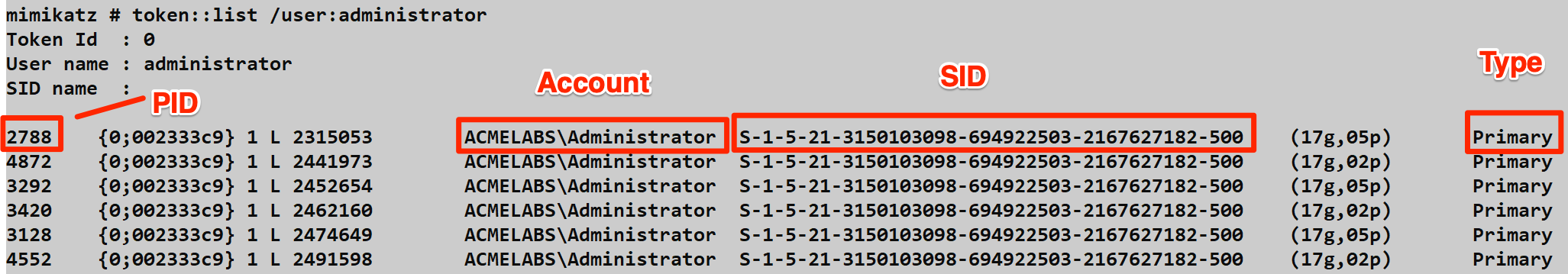 token::list /user:administrator showing available tokens