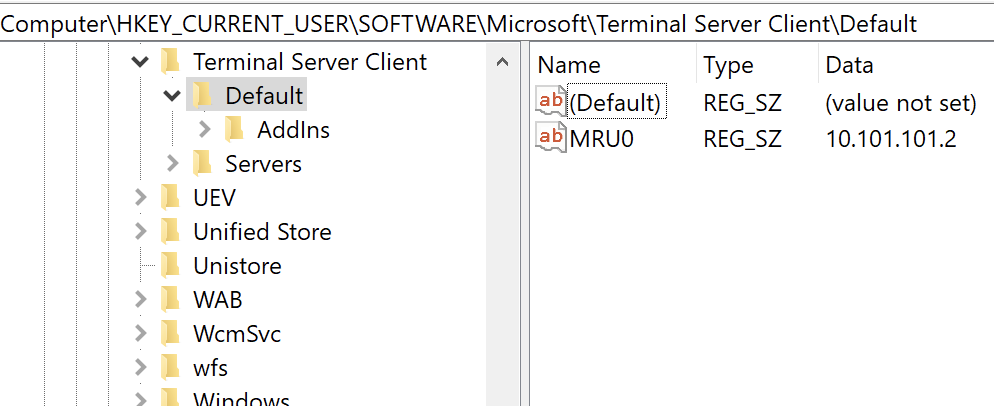 Registry showing RDP connection history