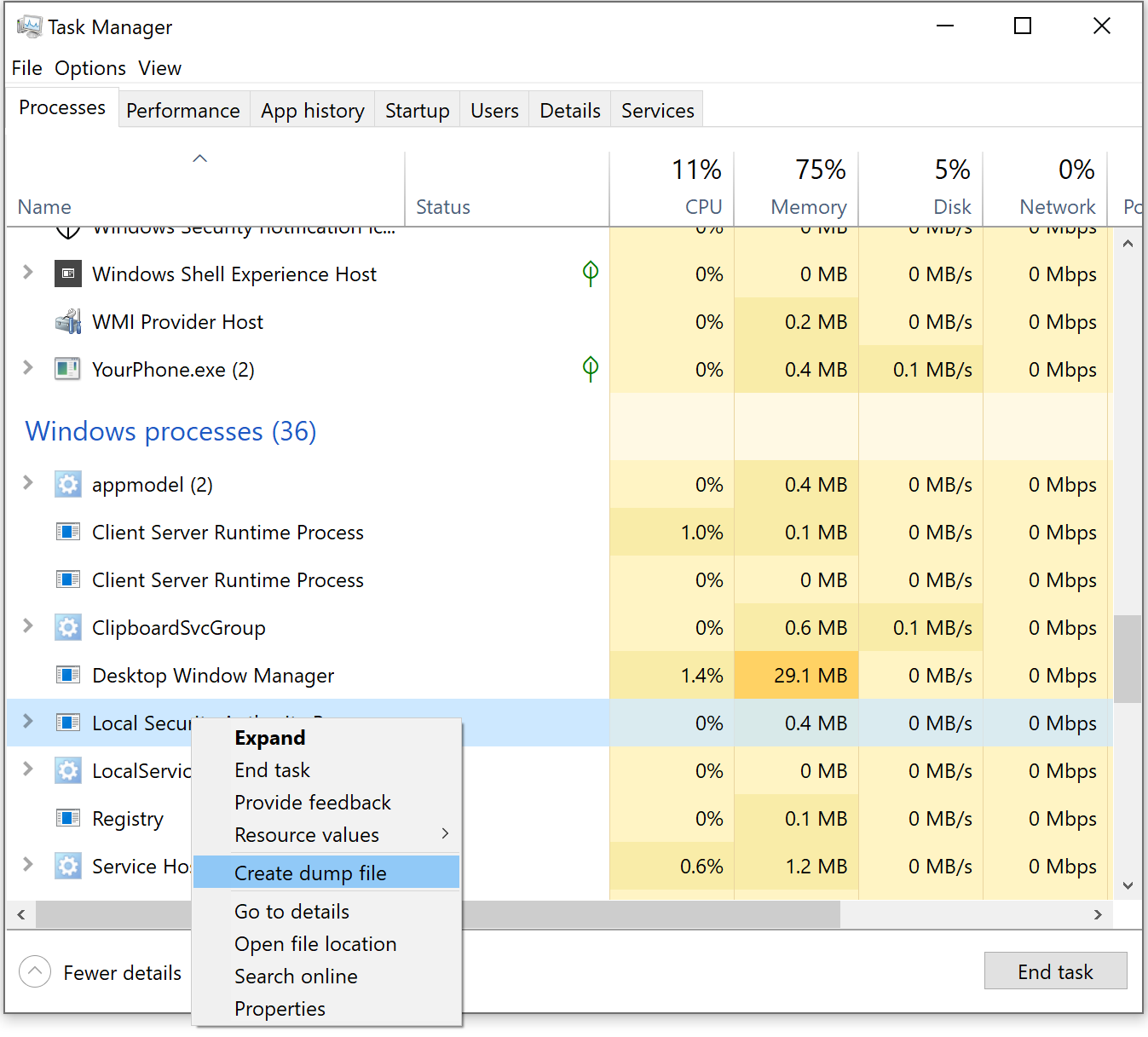 Task Manager Dump Creation